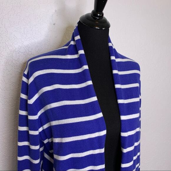 White + Warren blue white striped open front cardigan sweater size Large - Picture 3 of 11